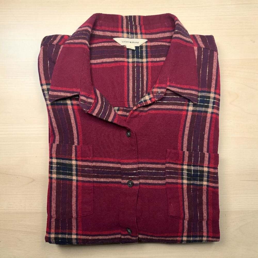 Lucky Brand Womens Burgundy Plaid Metallic Long Sleeve Flannel Shirt Size M
